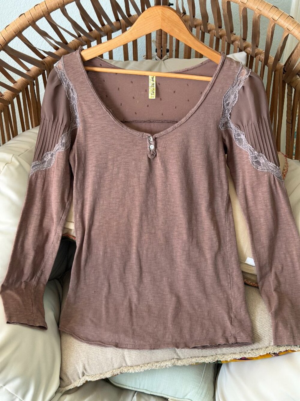 Free People Brown Lace Inlay Henley Long Sleeve Layering Top Tee M